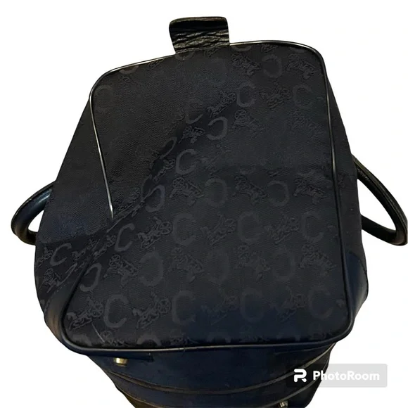 CELINE Authentic Vintage C Macadam Navy Blue Canvas Leather Trim Boston Bag Tote - Picture 5 of 17
